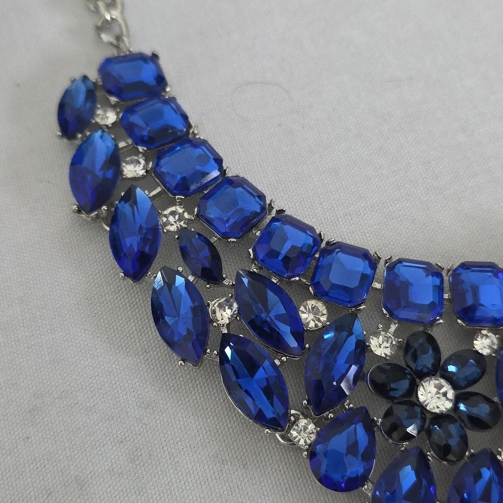 Statement Silver with Blue Crystal Stones Necklace and Matching Earrings Set